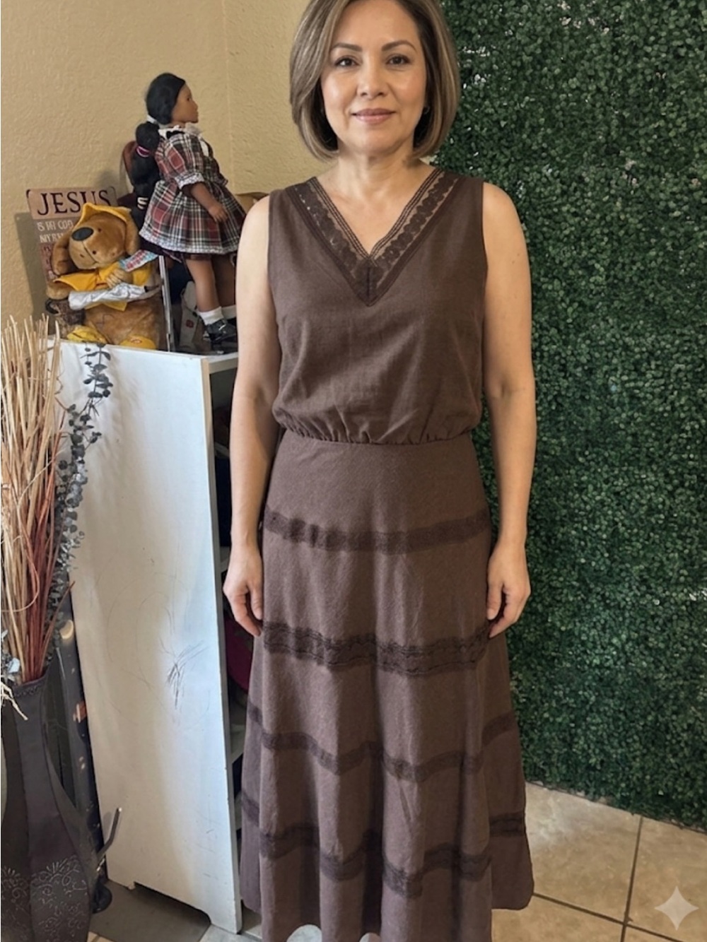 Perceptions Brown Lace-Trim Midi Dress